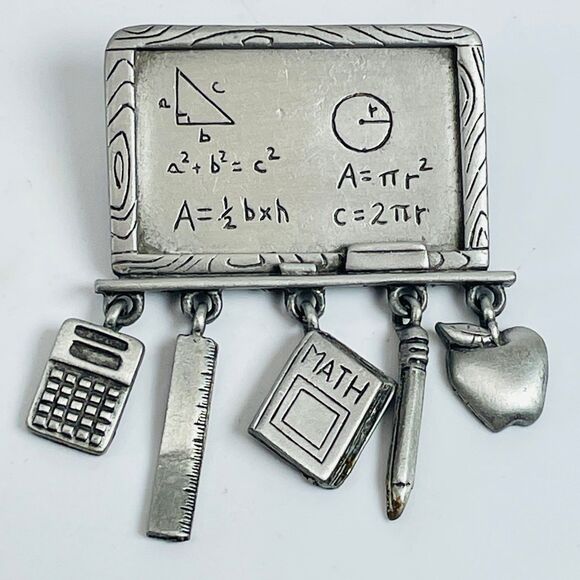 JJ Jewelry - JJ Teacher Chalkboard Dangle Brooch Pin Math Charms Pewter Vintage Approx 2" L